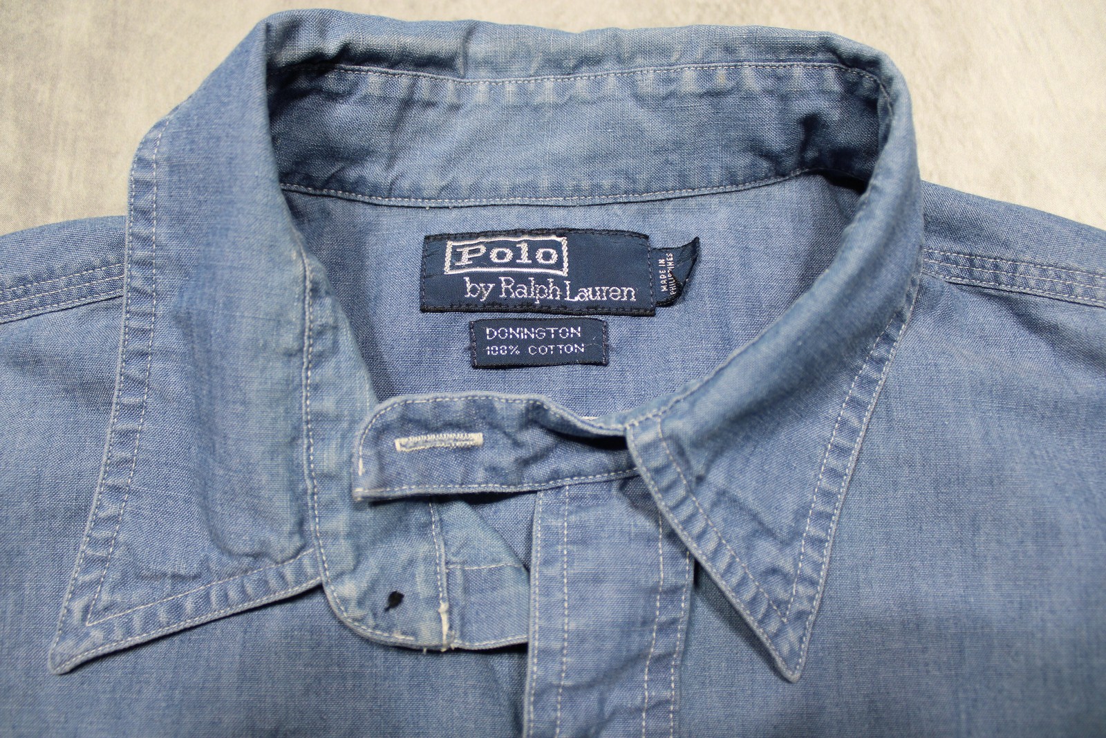 Vintage Polo Ralph Lauren Chin Strap Donington Button Up Sz L 90s Blue Chambray