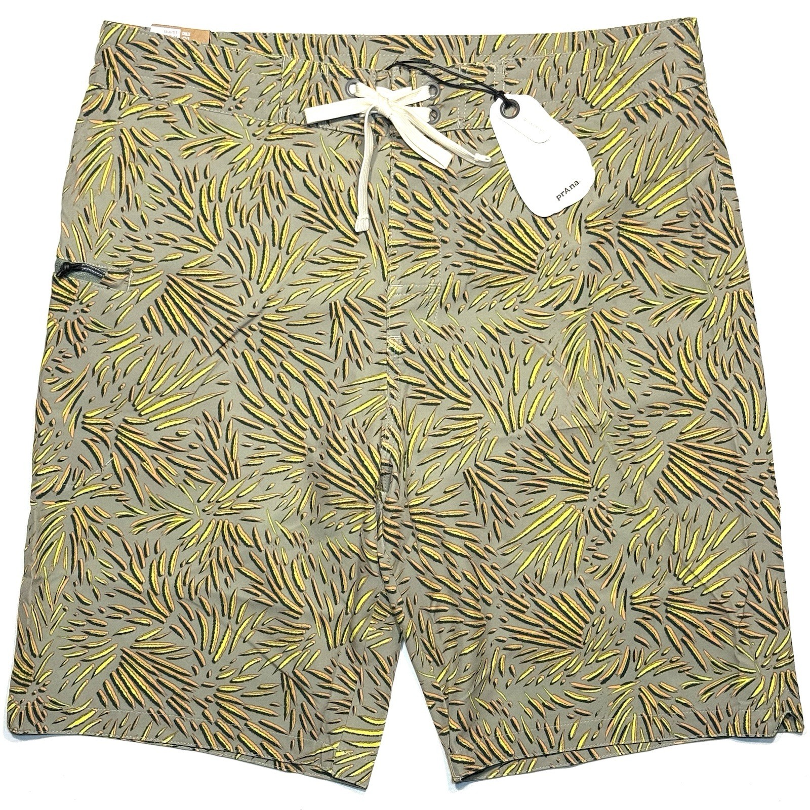 PRANA Mens 9in Fenton Board Shorts Swim Trunks Juniper Fronds Green (MSRP $65)