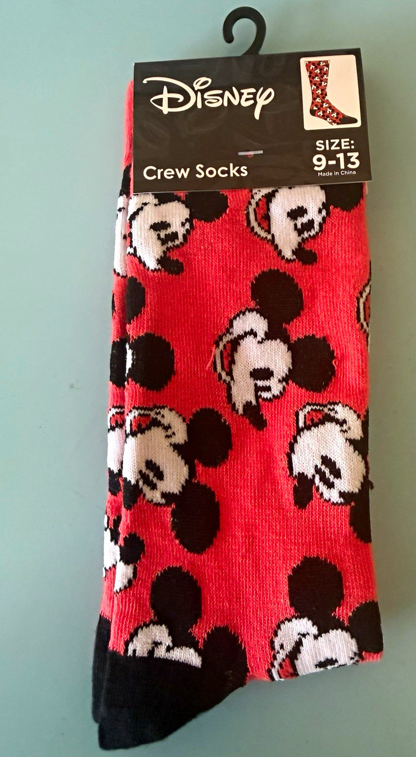 Disney Men’s Crew Socks Size 9-13 Red Mickey Mouse Graphic 1 Pair