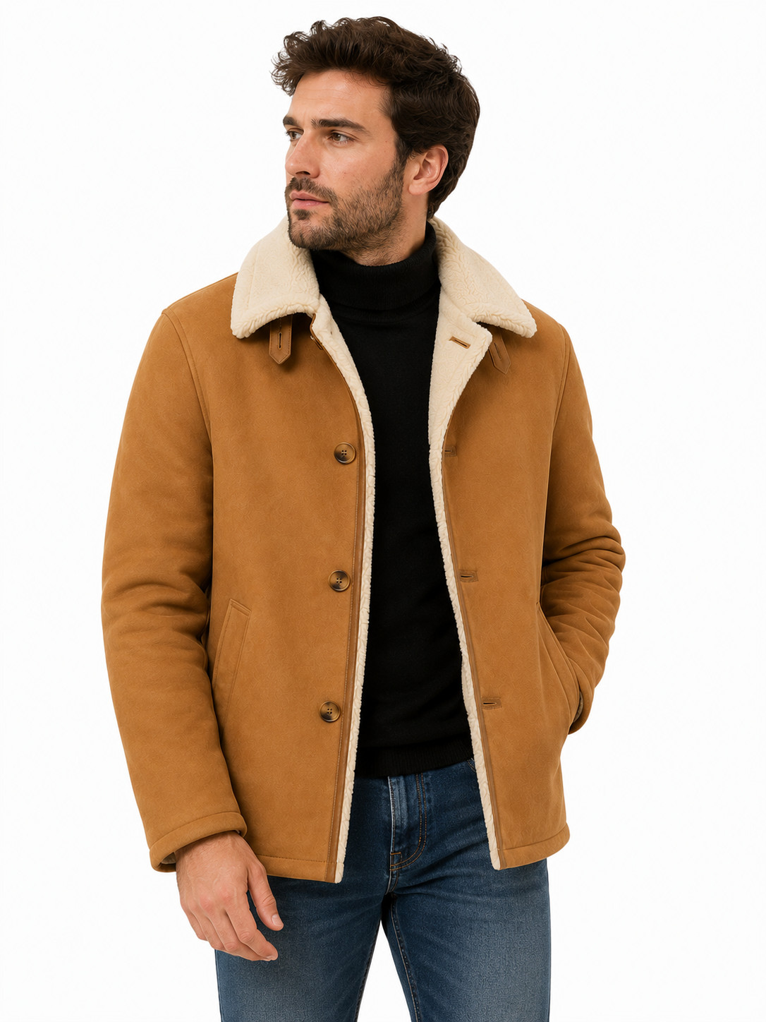 Men’s Camel Wool Shearling Teddy Coat Faux Fur Lined Winter Jacket XXS-5XL