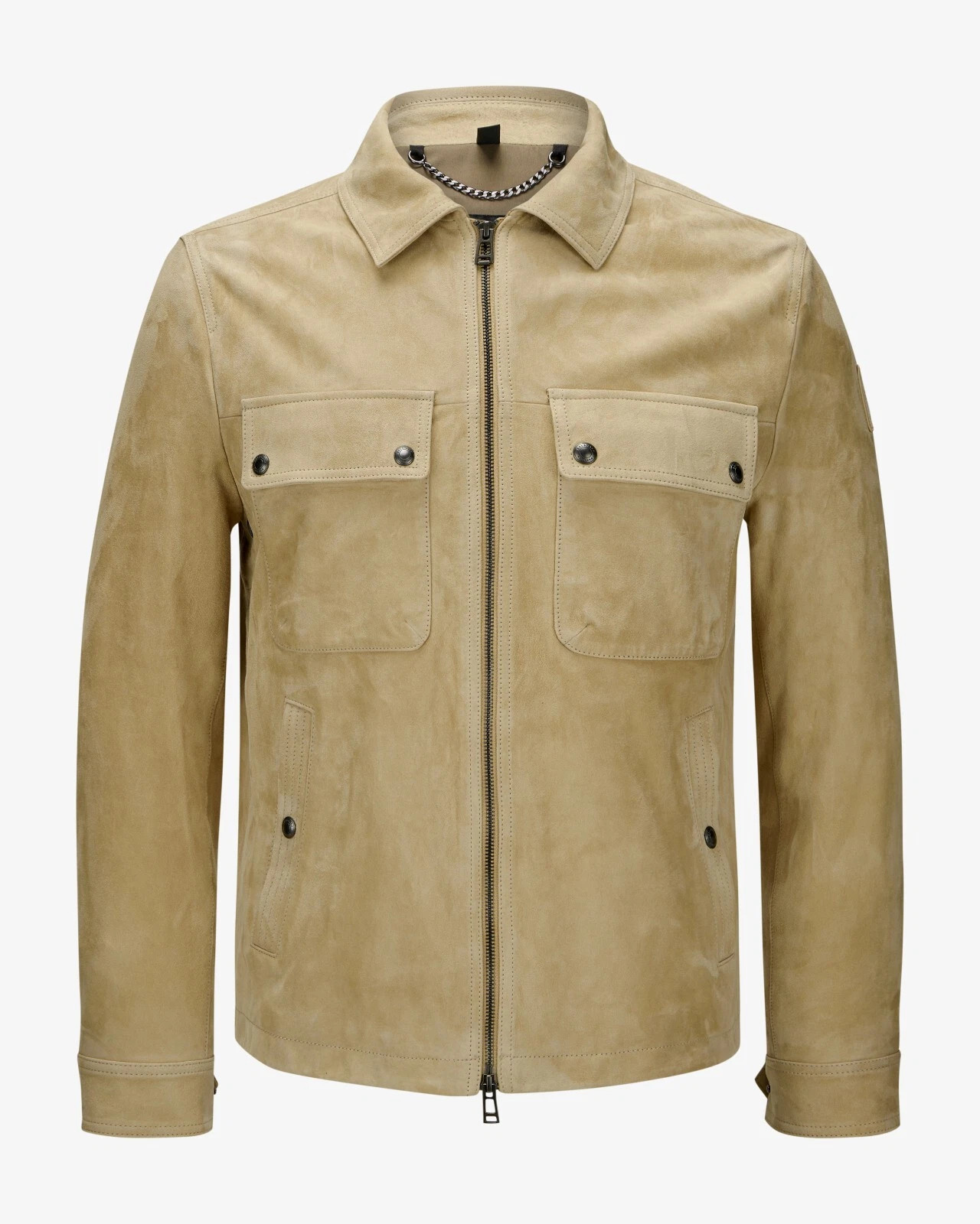 Utility Suede Leather Jacket Men Sand Beige Shirt Collar Casual Field Zip Coat
