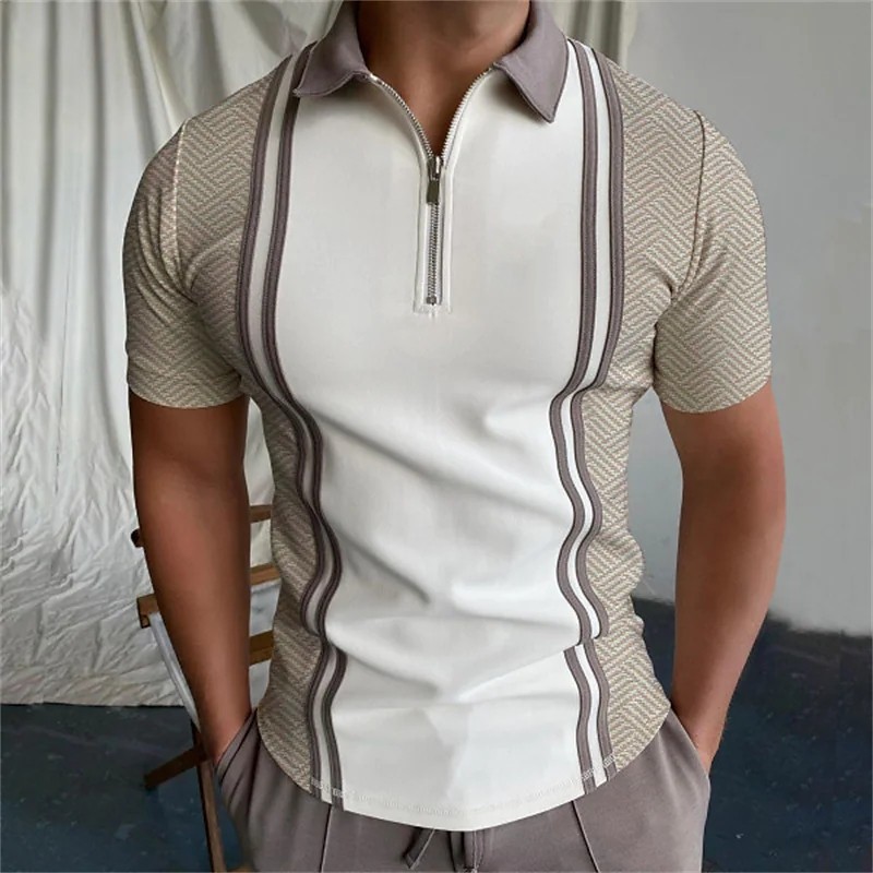 Men’s New Printed Color Matching Loose Casual Short Sleeve Zipper T-Shirt Tops