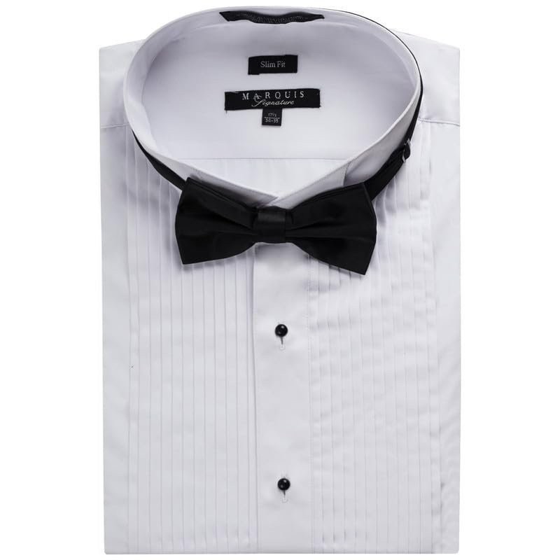 Men’s Wing Tip Collar Formal Slim Fit Tuxedo Shirt – Bowtie Included