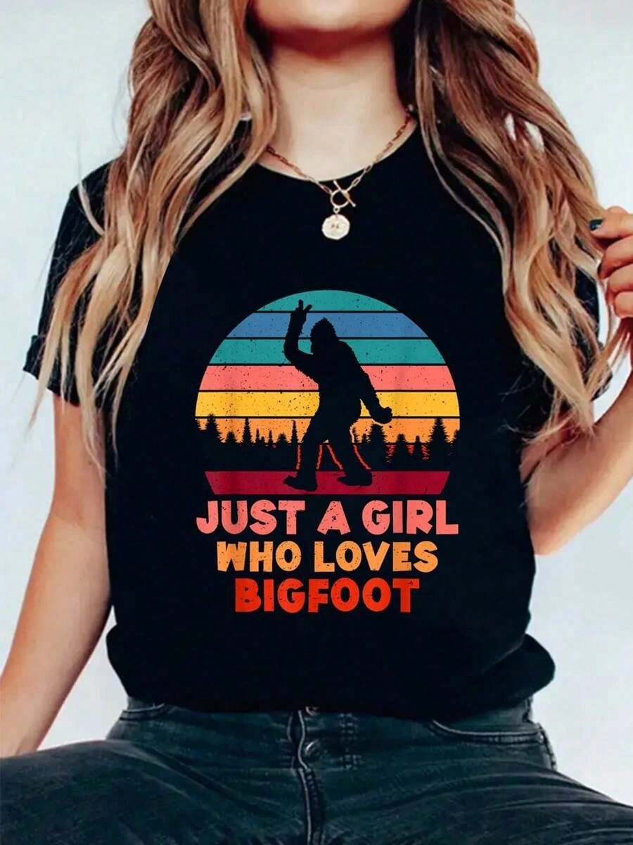 Just A Girl Who Loves Bigfoot Girls Big Foot Sasquatch TShirt Print Short Sleeve