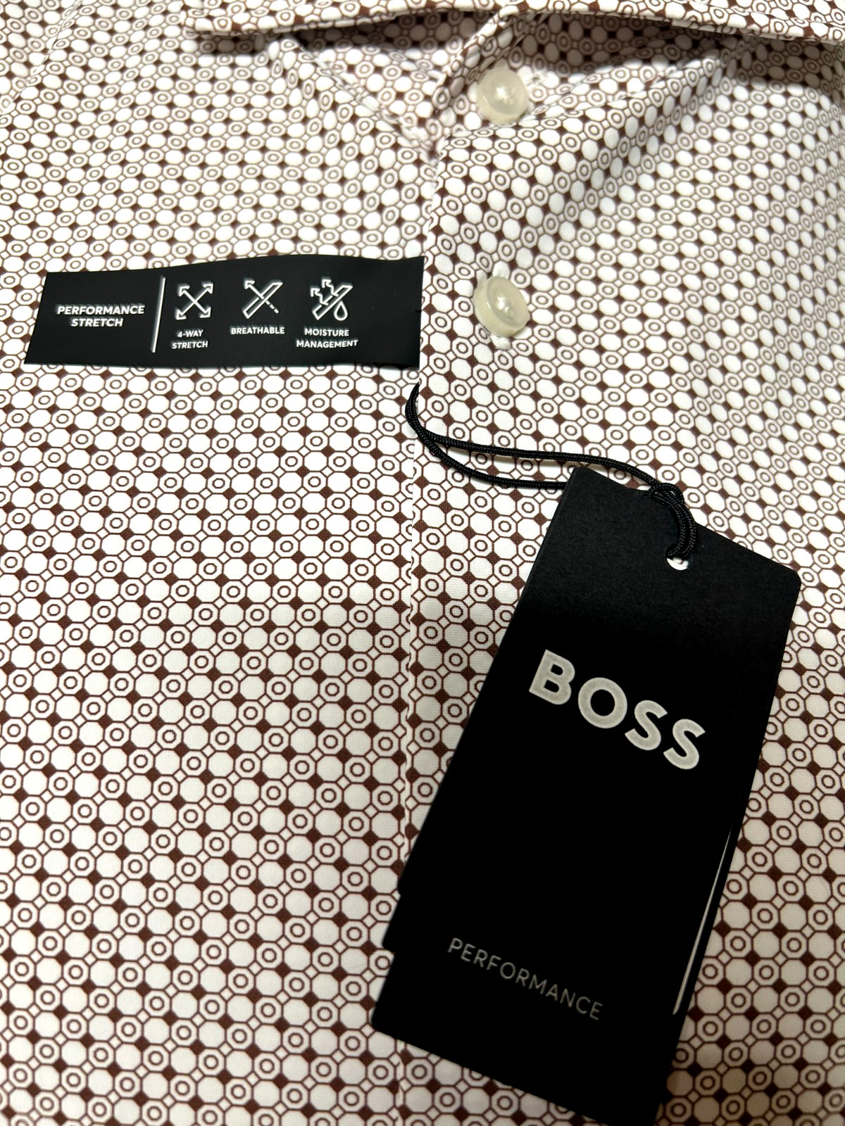 Hugo Boss Max Sharp Fit Performance Dress Shirt 16 34/35 Brown Geo $149 NWT