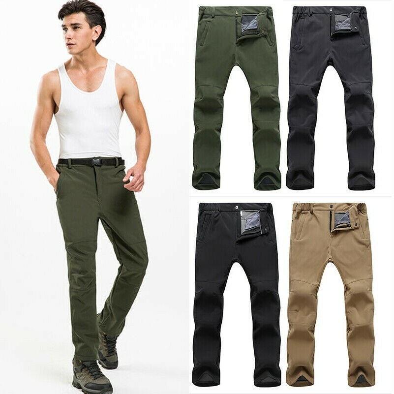 Mens Fleece Lined Soft Shell Pants Waterproof Sport Outdoor Hiking Trousers Slim