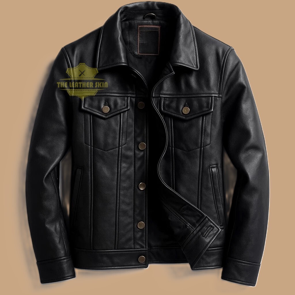 Men Leather Jacket | Trucker Jacket | Genuine Black Leather Vintage Style Jacket
