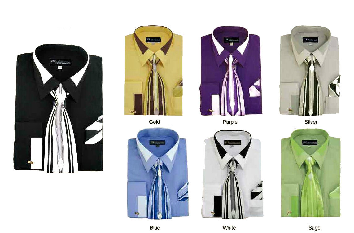 Men’s French Cuff Dress Shirt with Tie And Handkerchief 7 Colors Size 15~20 SG34