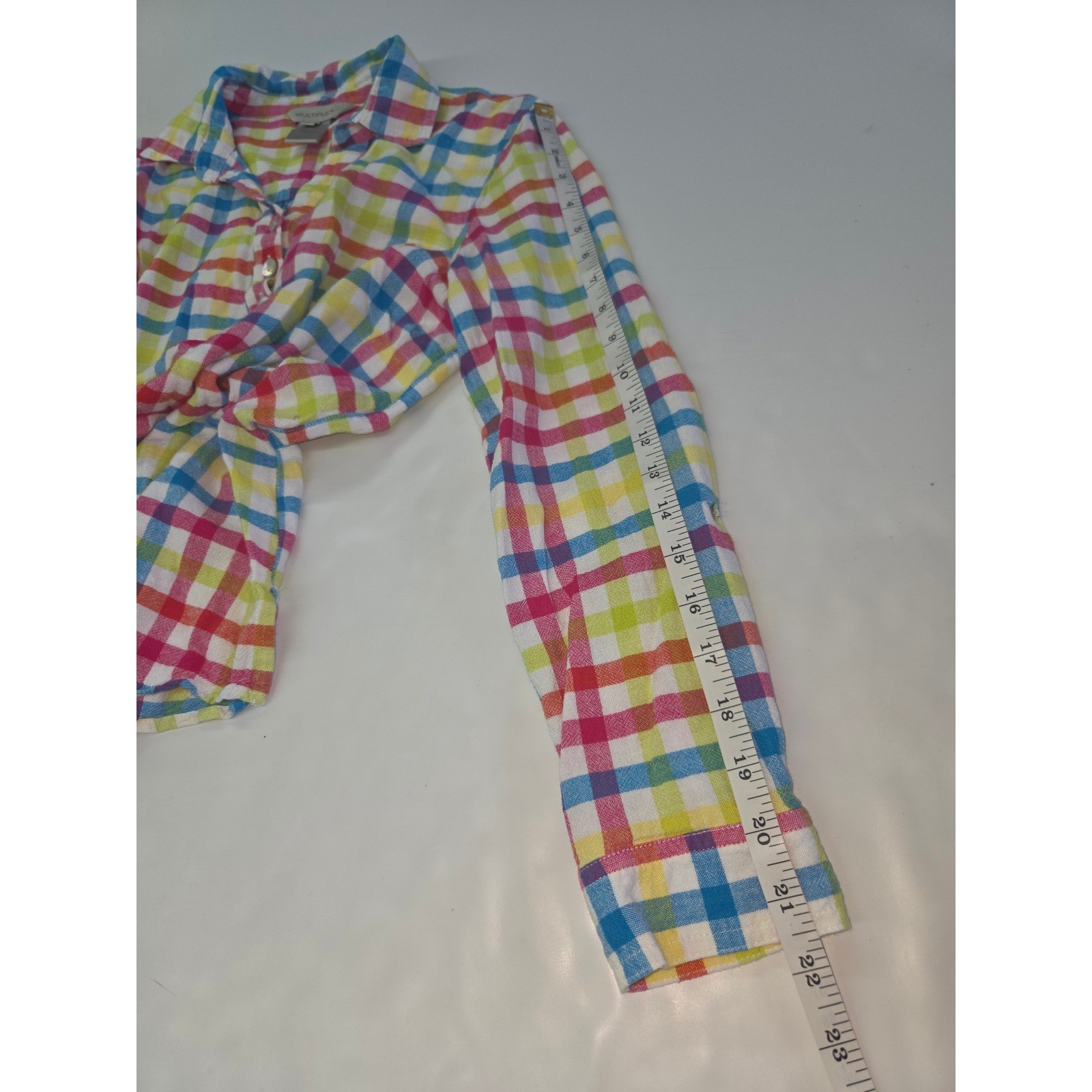 Multiples Plaid Button Up Shirt Mens XS Multicolor Rainbow Linen Blend Roll Tab