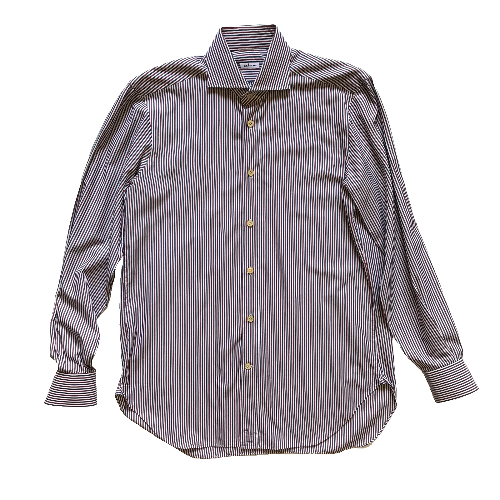 KITON Button Down Sport Shirt Mens 40 16 Red White Blue Stripe Print Long Sleeve