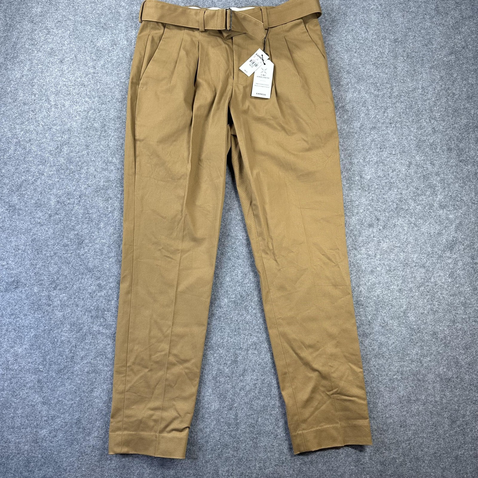 Express Pants Mens 30 Brown 4-Way Hyper Stretch Cropped Pleated Belted Chino