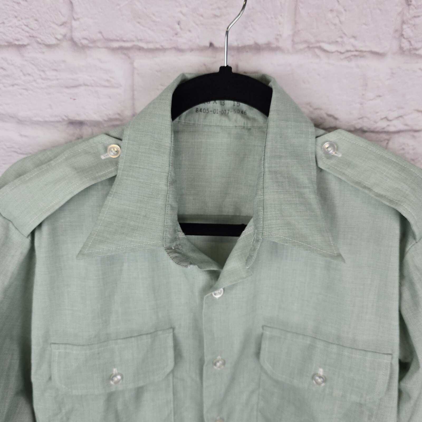 Vintage 70’s Van Heusen Military Shirt Army Green 16×33 Long Sleeve 65/35 Blend