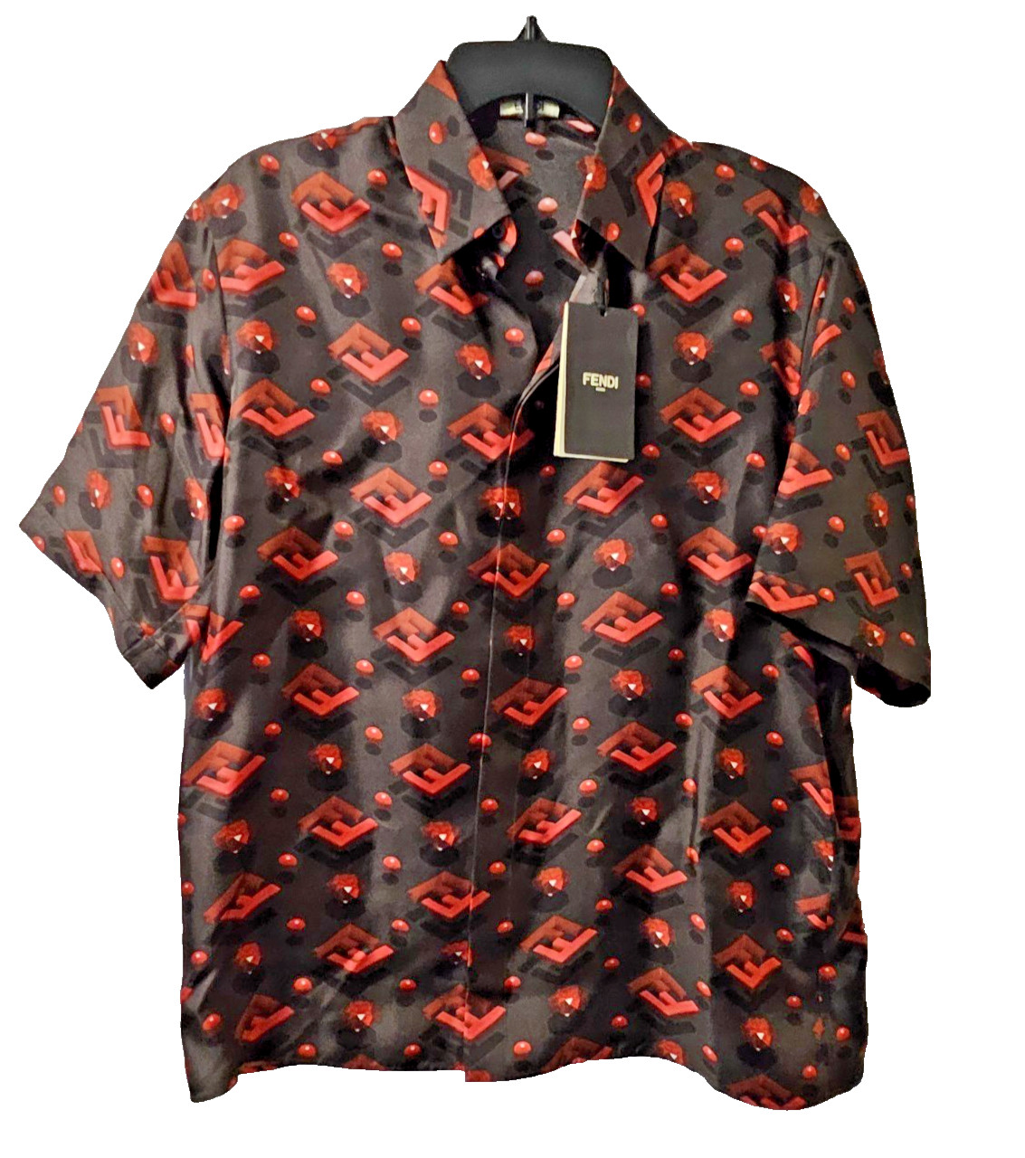 Fendi FS0795 AL54 Silk S/S Shirt 38 Black Red NWT $1290 Retail