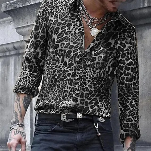 Men Fashion Button Tops Mens Down Vacation Casual Leopard Print Tunic Shirt