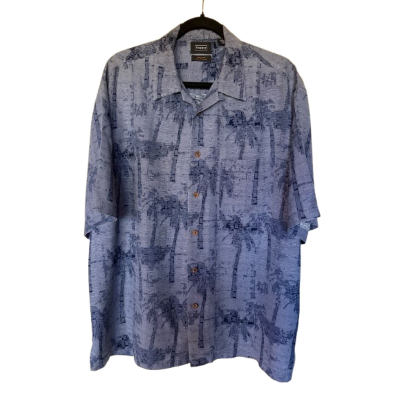 Haggar 100% Silk Palm Print Camp Shirt Men’s Large Blue Hawaiian Cruise Wear