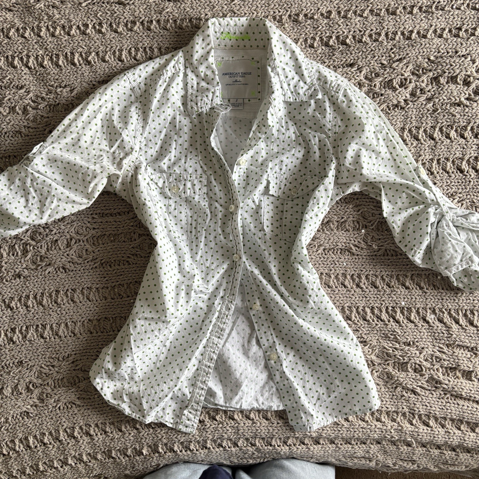 American Eagle Outfitters Signature Polka Dot Shirt White/Green Cotton Sz 2