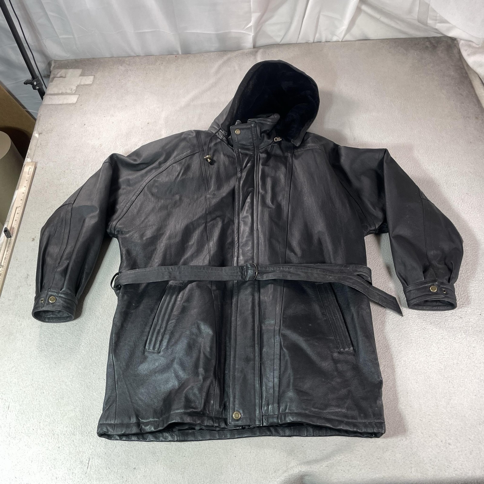 Tanners Avenue Leather Coat Mens XL Black Hooded Belted Parka Faux Fur Winter