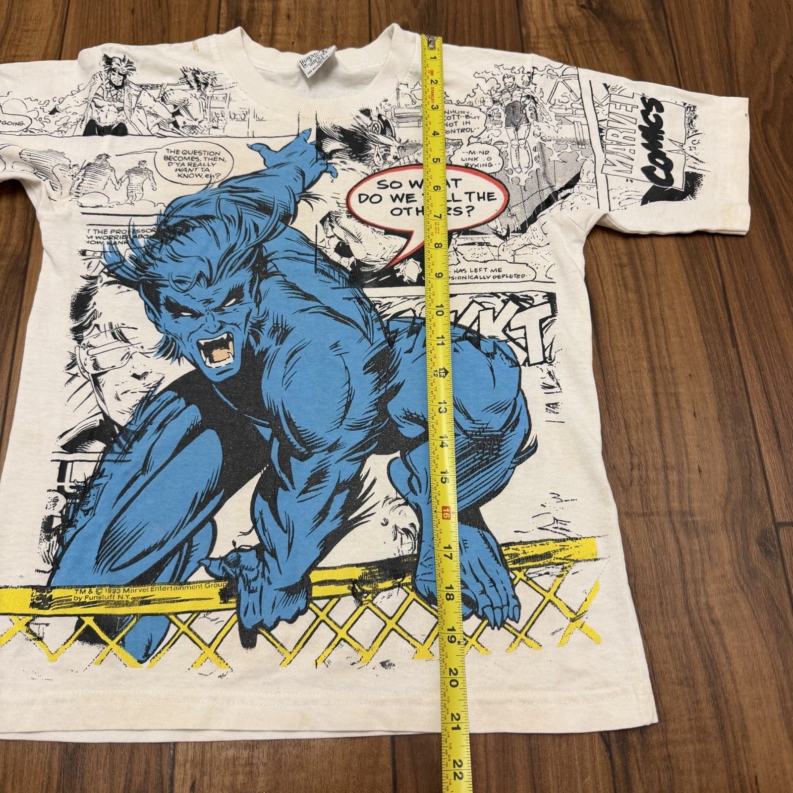 Vtg X-Men Beast AOP T-Shirt Tee Marvel Comics USA Made Fun Stuff NY Youth 10/12