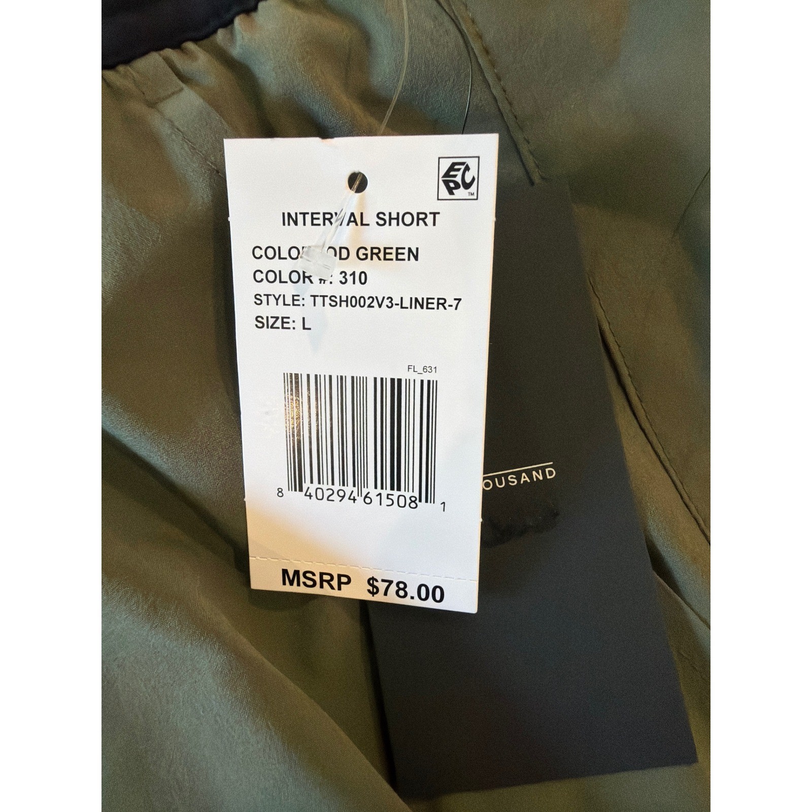 Ten Thousand Mens Interval 7″ Lined Short OD Green Large NWT ($78 Retail)
