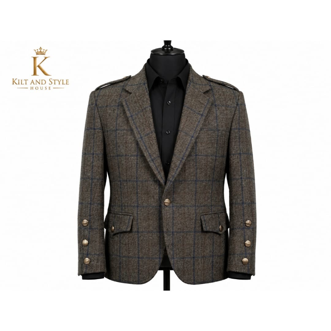 Dark Brown Tweed Jacket With Blue Windowpane Check| Highland Blazer | Men Women