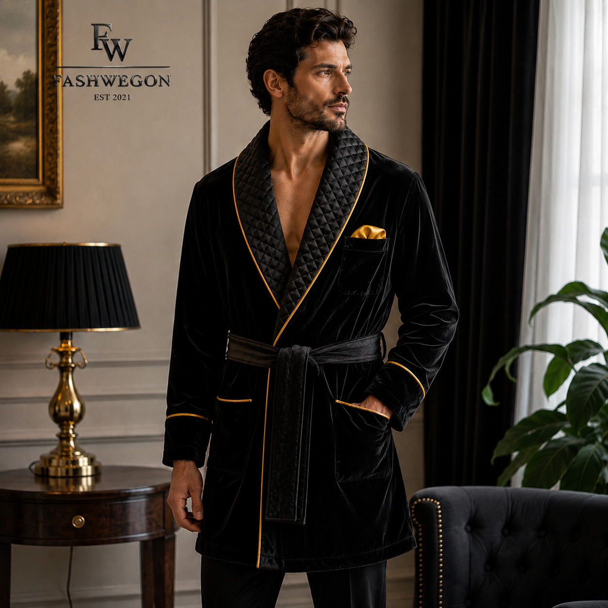 FASHWEGON Black Velvet Smoking Robe with Quilted Shawl Lapel & Gold Piping