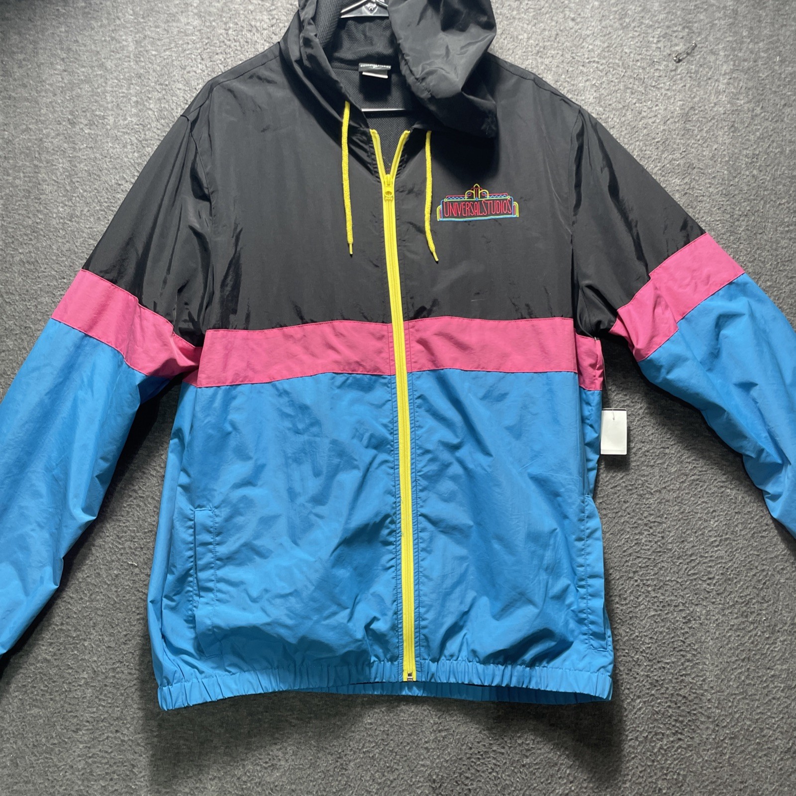 XL Universal Studios Hooded Windbreaker Jacket Neon Colorblock Embroidered