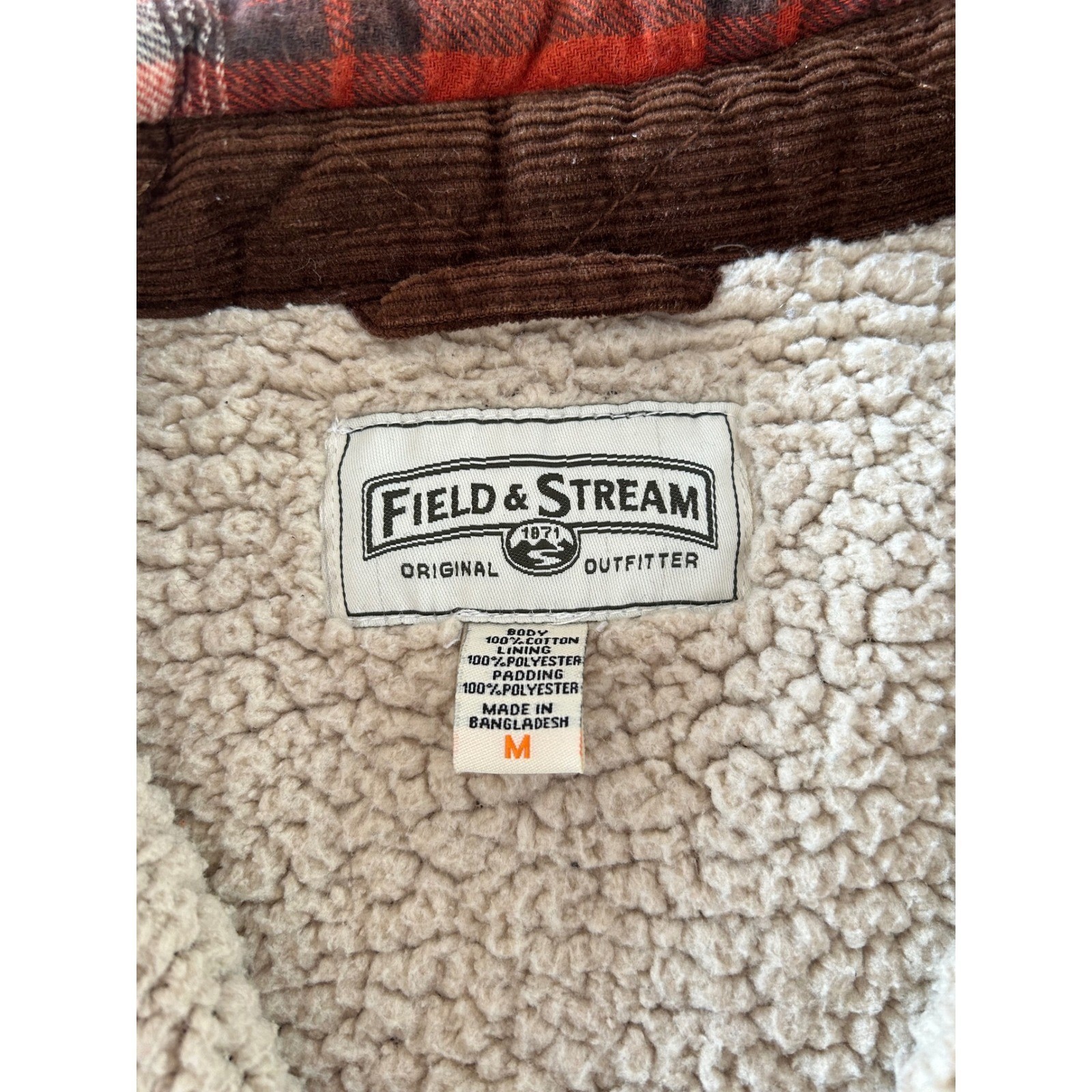 Field & Stream Mens Sherpa Lined Flannel Shirt Jacket Red Plaid Corduroy Medium