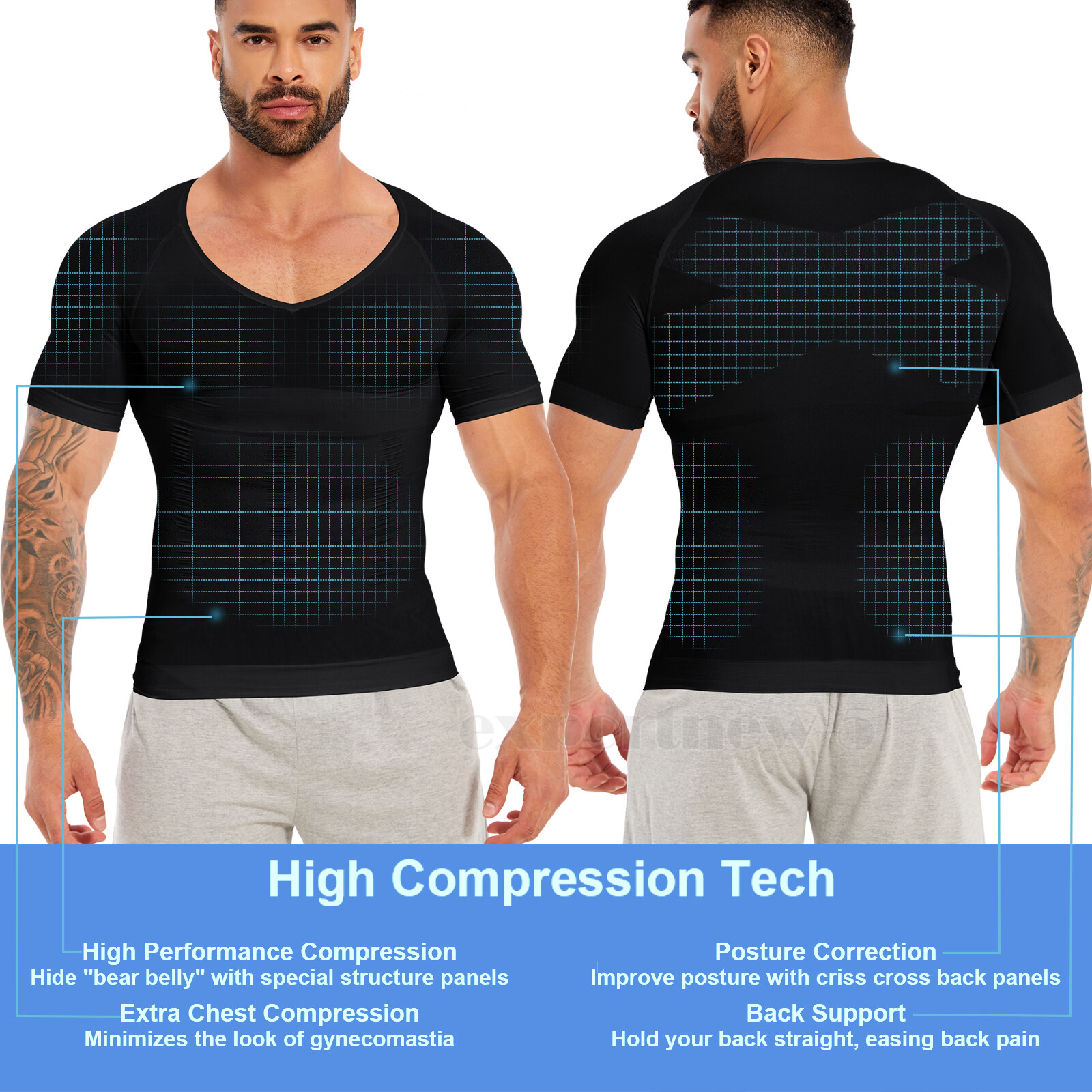 V-Neck Compression Posture Corrector T-shirt Men Body Slimming Tummy Body Shaper