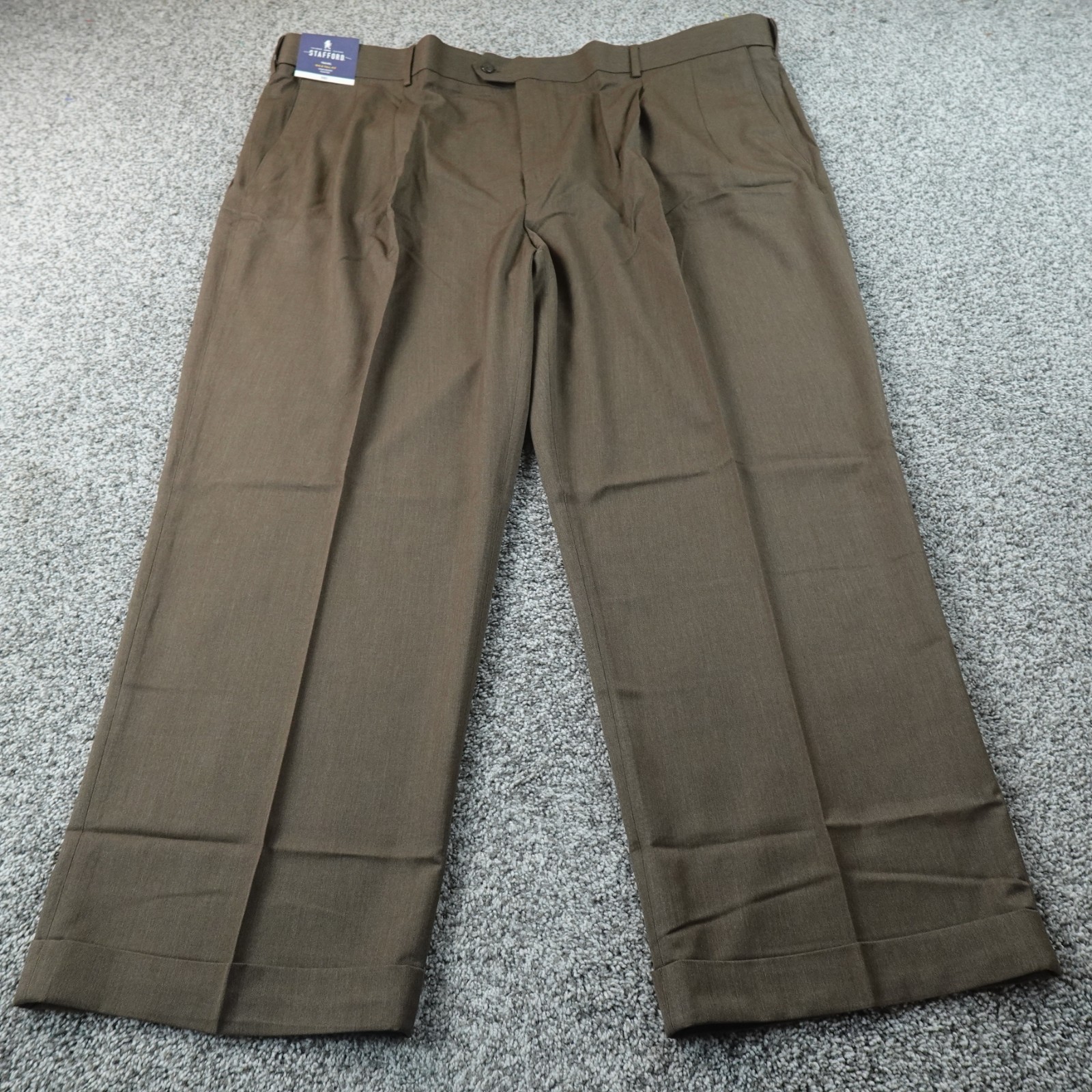 NEW Stafford Pants Mens 54X30 Brown Travel Chino Dress Trouser Pleated Cuffed