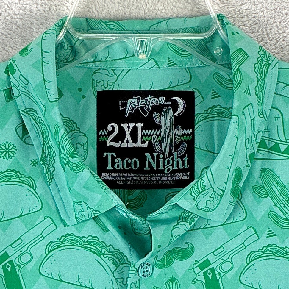 Retro Rifle Shirt Men 2X Green Taco Night AOP Performance Stretch Golf Summer