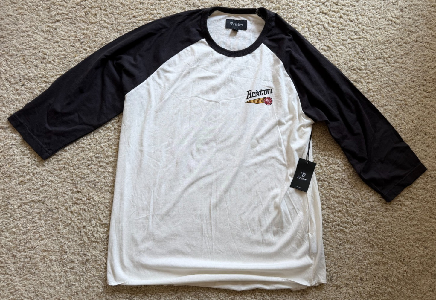 Brixton Maverick 3/4 Sleeve Raglan T-Shirt Large NWT Off White Black Baseball Te