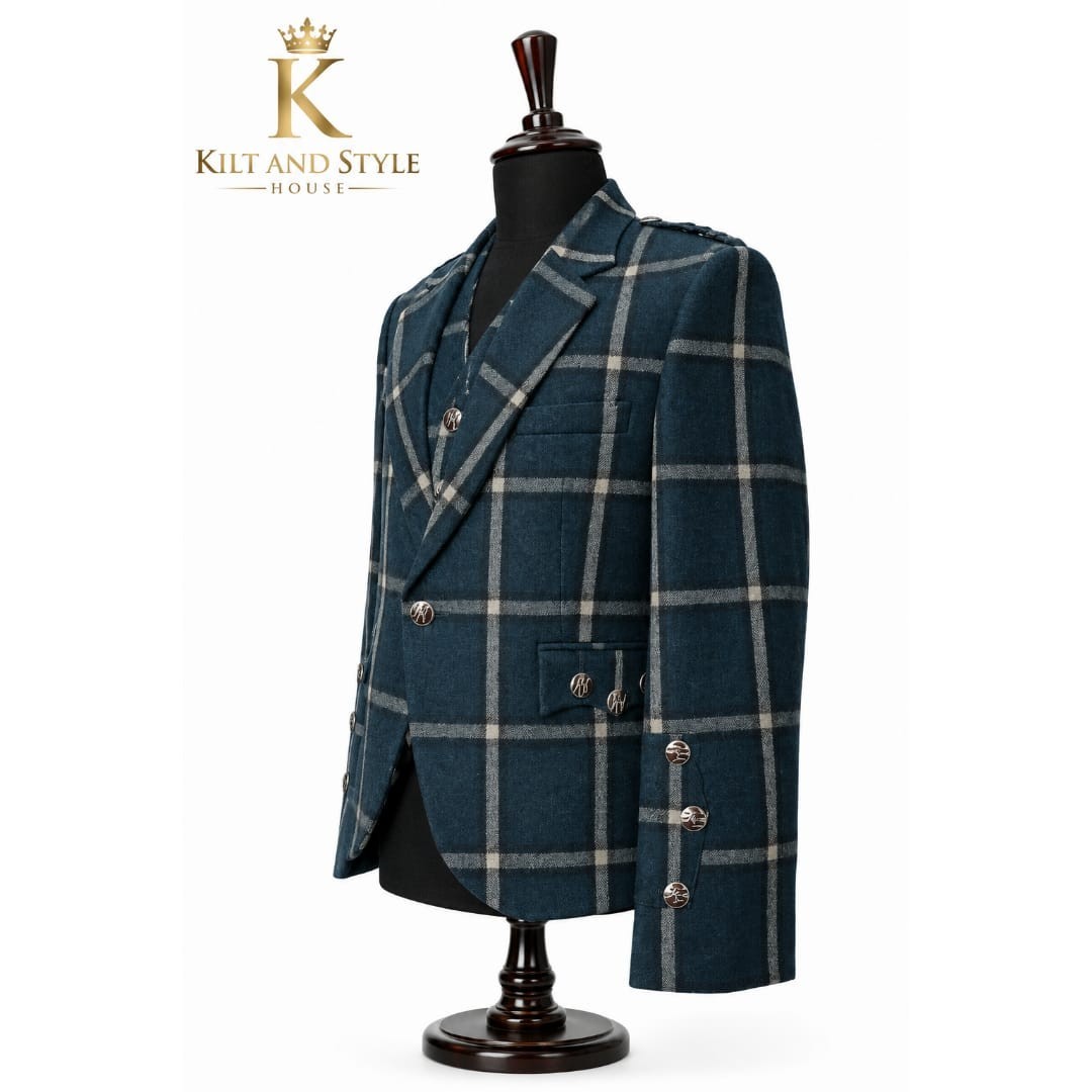 Blue Windowpane Wool Tweed Argyle Jacket & Vest | Men Women Kids
