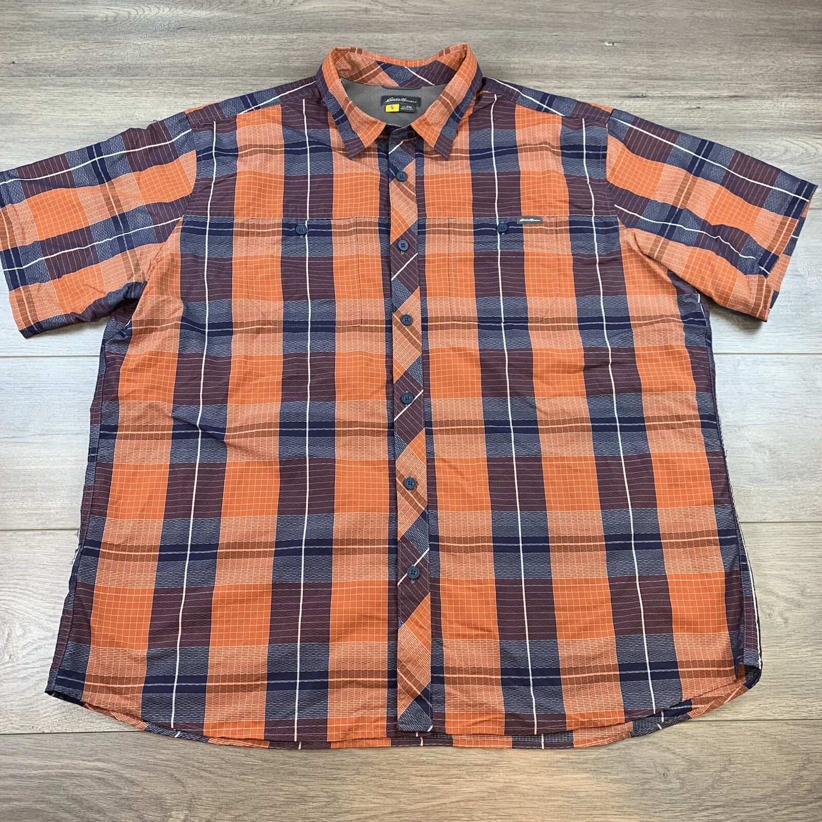 Eddie Bauer Travex Button Up Shirt Men’s 2XL Orange Plaid Short Sleeve Classic