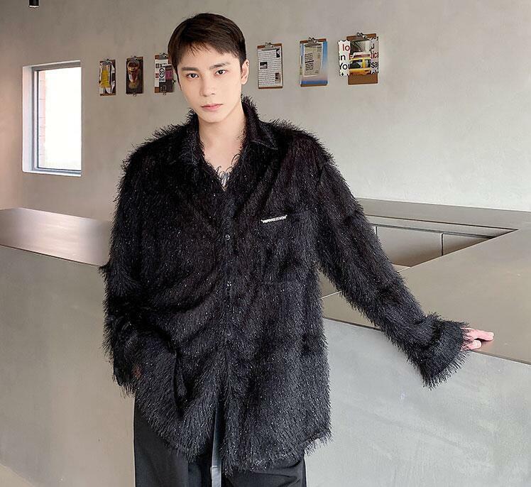 Tassels Men’s Fluffy Shirt Lapel Long Sleeve Blouse Sequin Top Design Fashion OL