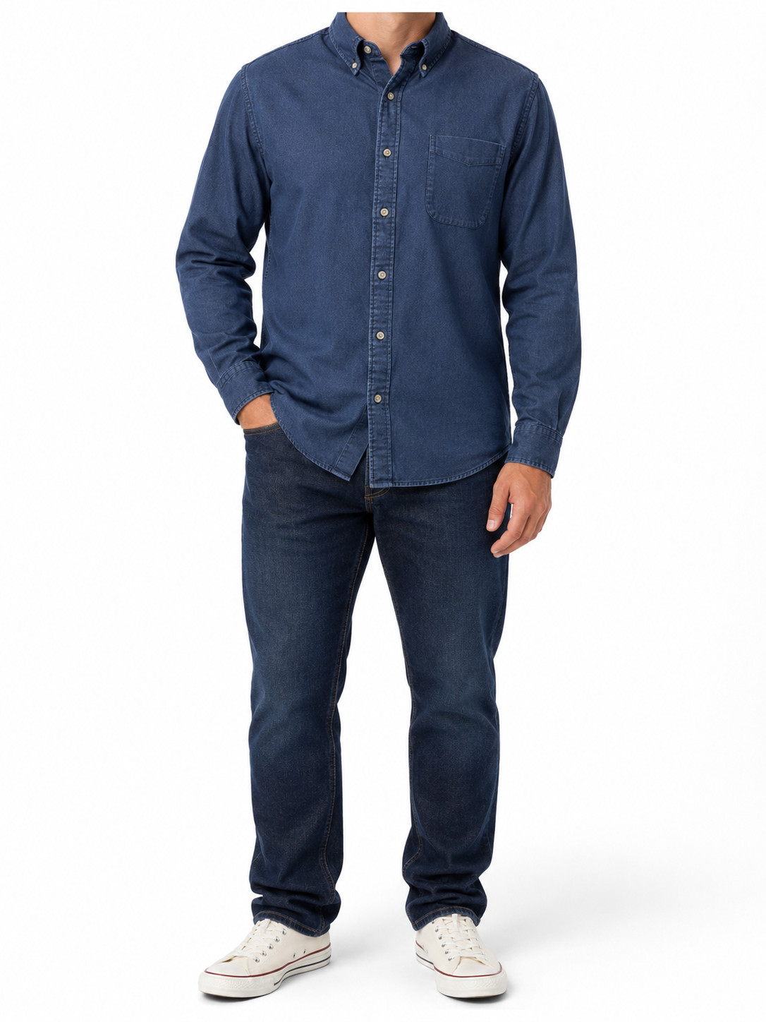 Lands’ End Men’s Blue Denim Button Down Shirt XL Casual 100% Cotton Klassis