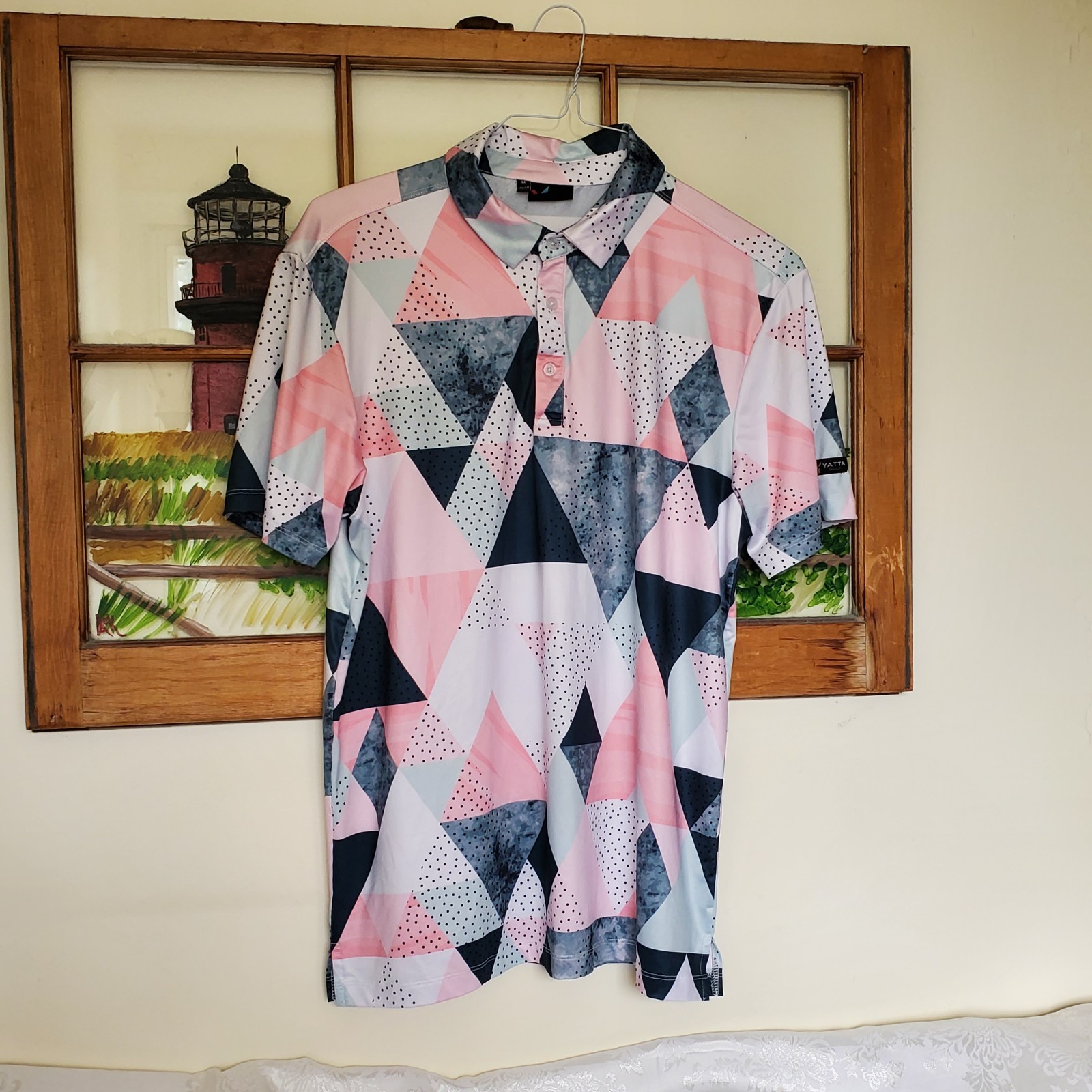 NWT “Yatta Golf Polo” Shirt Birdie Dropper Pink Black White-Geometric Stretch M