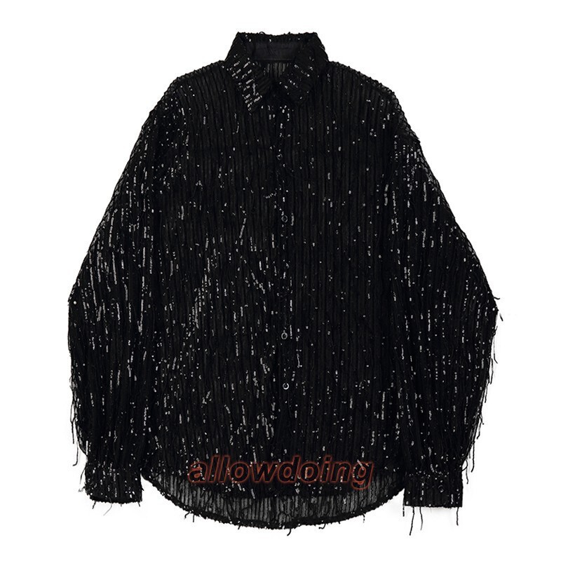 Korean Mens Fashion Glitter Sequin Long Sleeves Loose Casual Tassel Shirt Tops