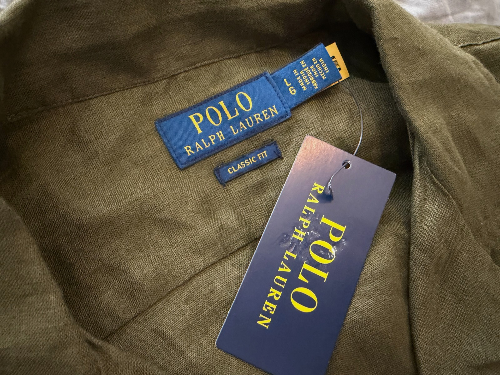 Polo Ralph Lauren olive classic fit 100% linen button up camp shirt L mens NEW