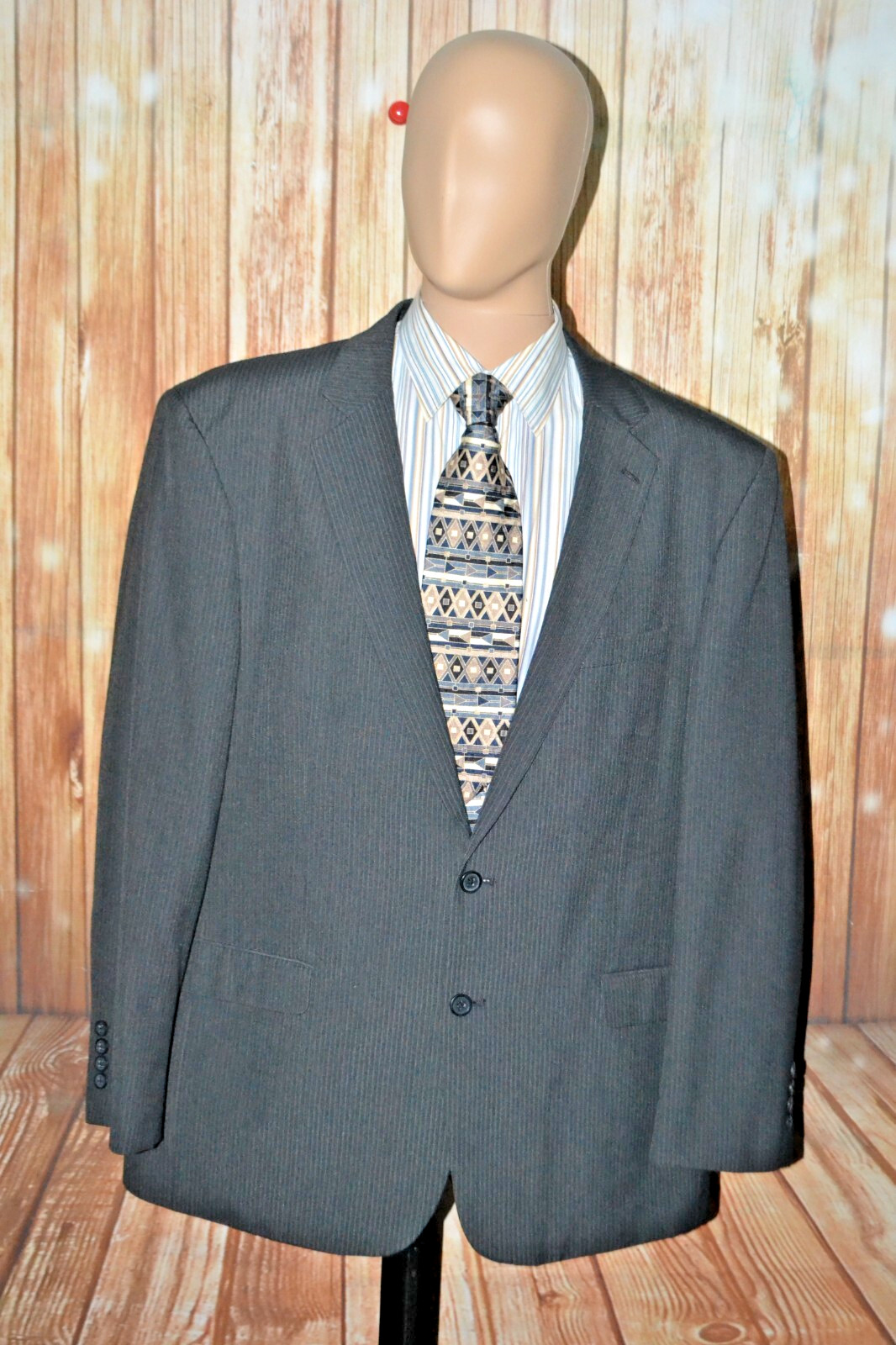 Stafford Men Black Stripes Polyester Viscose 2 Button Suit Sz 50R Wst 46×30