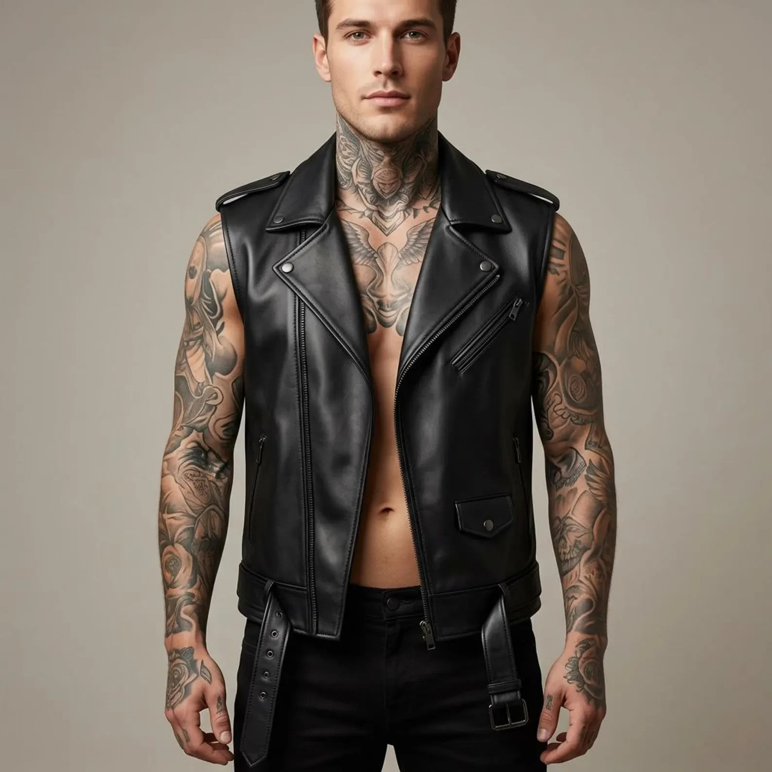 Men’s Black Leather Biker Vest | Sleeveless Moto Style Zip-Front Vest with Belt