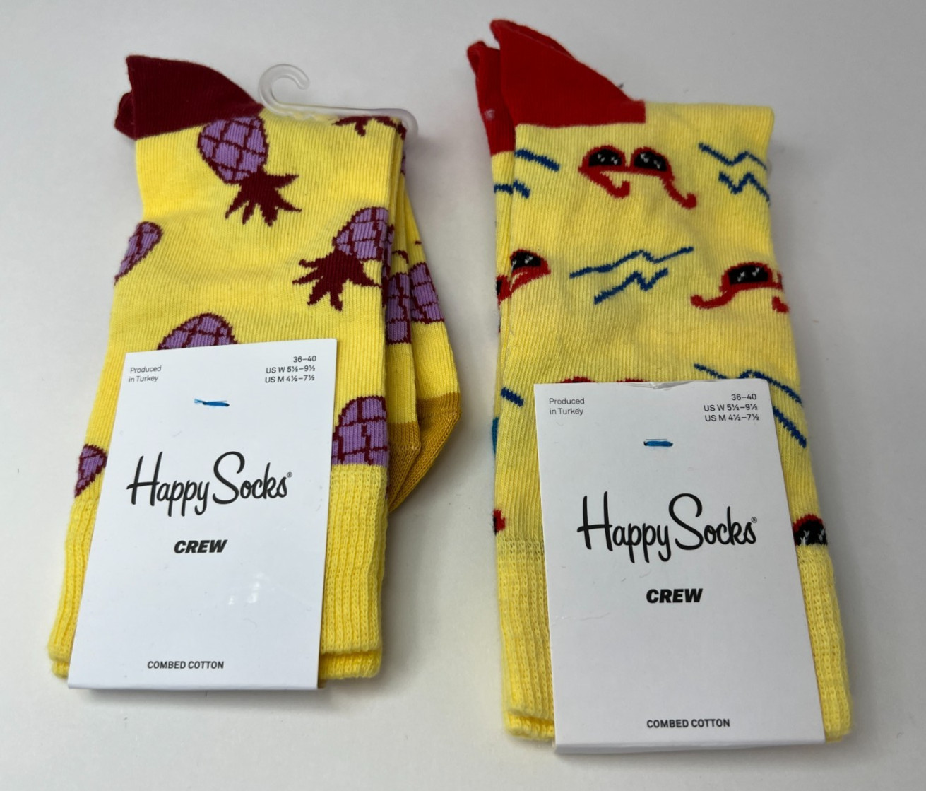 2 PR Happy Socks Yellow Printed Crew Socks Unisex Adults M 4.5-7.5/W 5.5-9.5