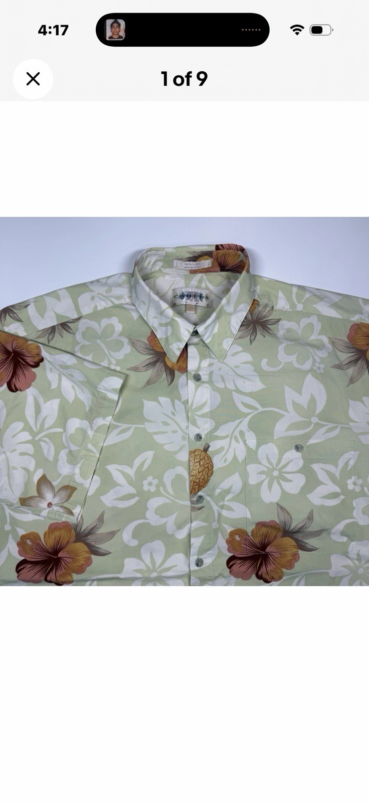 CAMERA MODA Men’s XL Green Floral Hawaiian Tropical Cotton Short Sleeve Shirt
