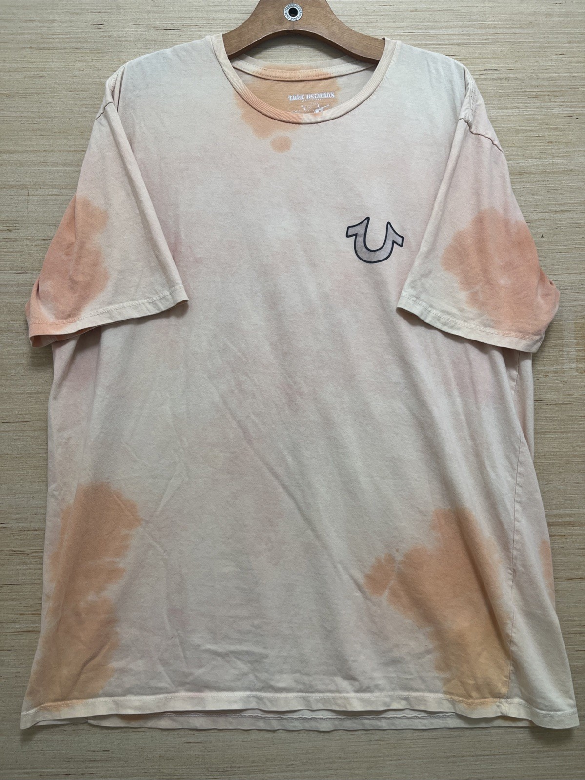 True Religion Men’s Peach/Orange Tie-Dye Buddha Guitar Graphic Tee – XL