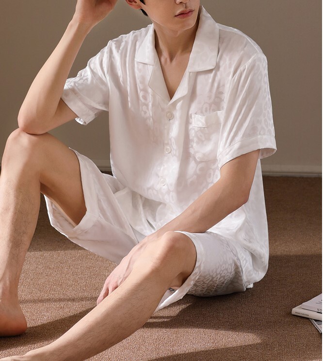 SILKPEACE 2+ Item FREE SHIP Men Satin Silk Pajama Set Short Sleeve Lounge Pants