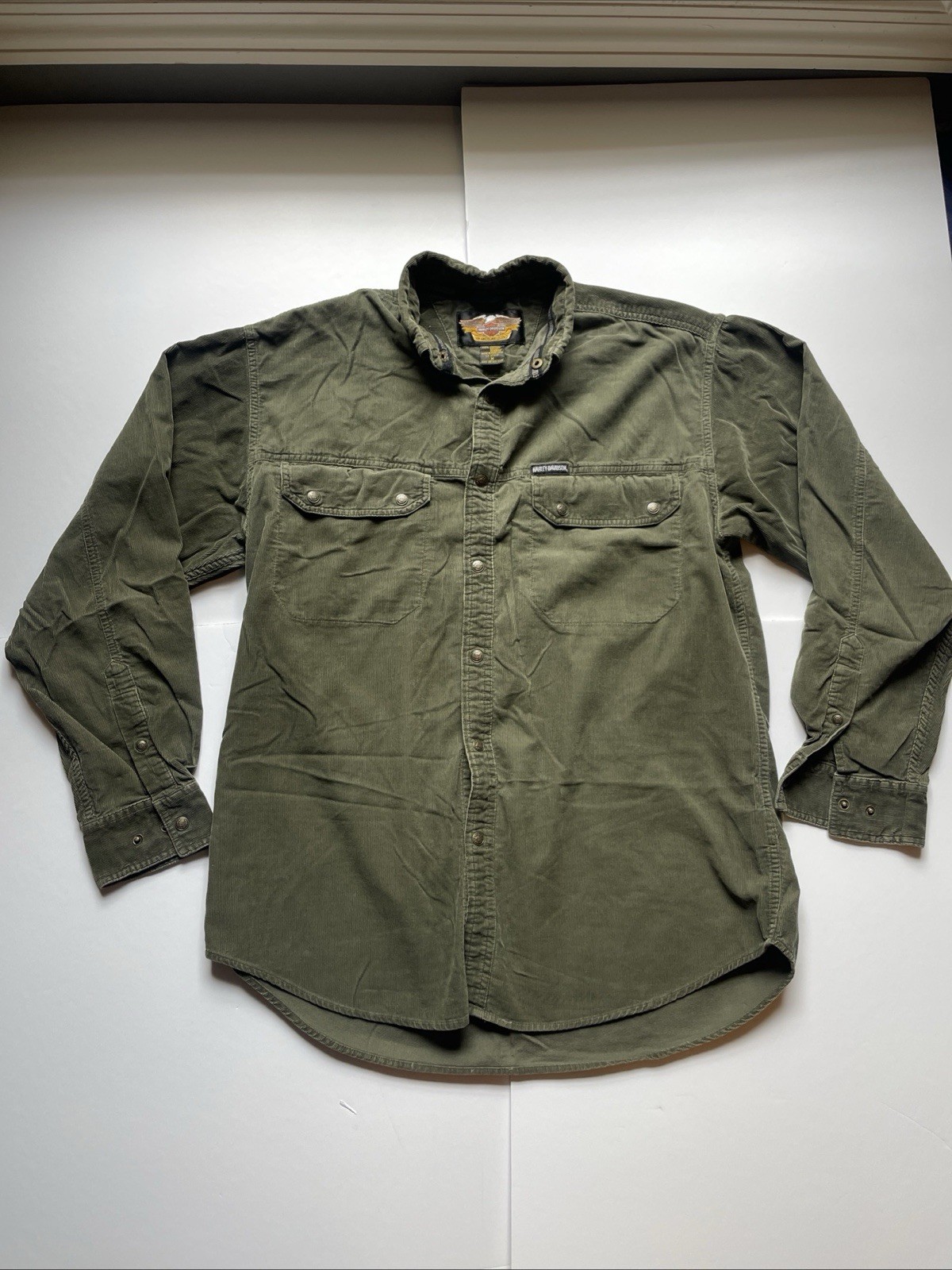 Harley Davidson Men’s Corduroy Shirt Olive Green Button Down Pockets Vintage m