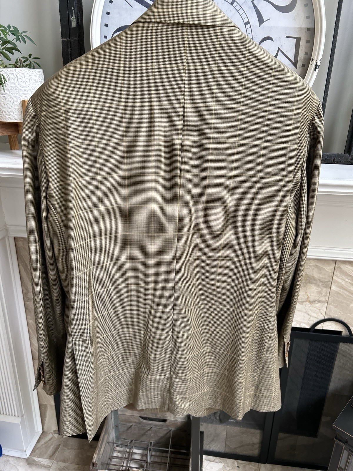 KITON men’s super 180’s sport jacket coat tan brown & blue check plaid US 48R