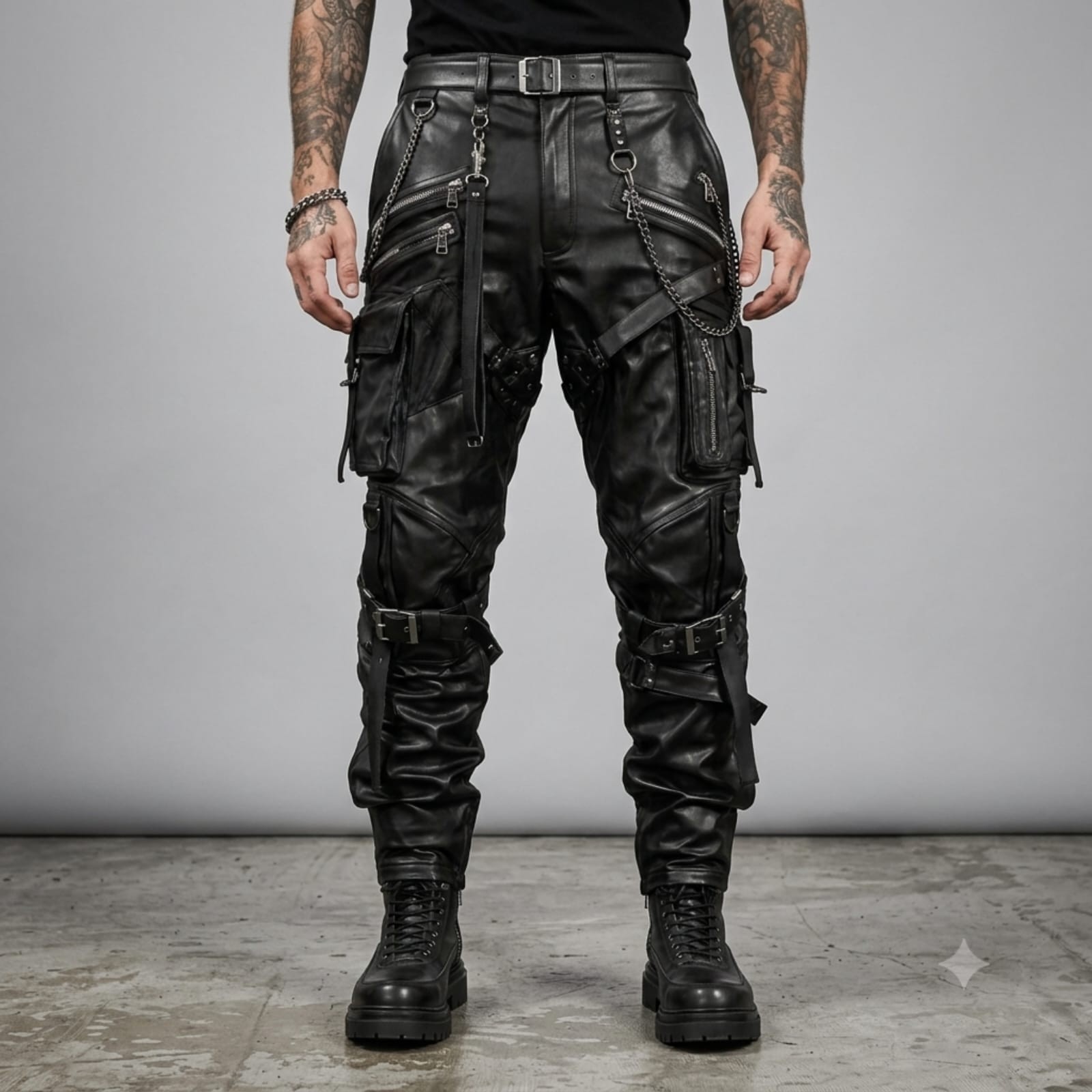 Mens Black Leather Cargo Pants Inspired Gothic Tactical Biker Straps Trousers