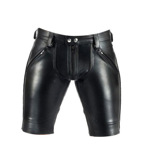 Men’s Real Leather Gay Shorts Pockets Double Rear Zip Breeches BLUF Pride