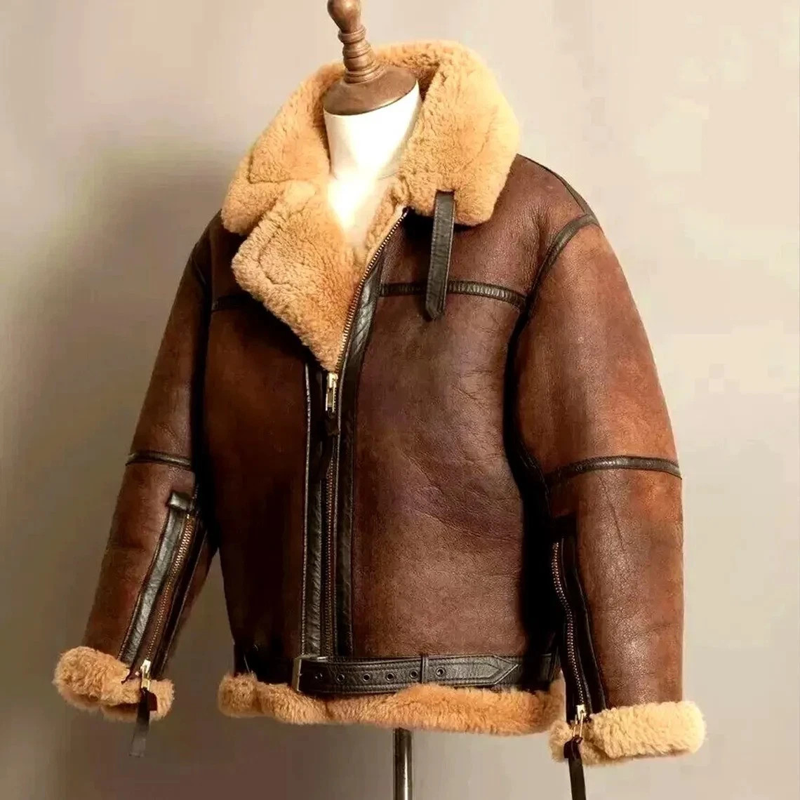 Men’s Brown Bomber Faux Shearling Jacket Real Sheepskin Leather RAF Aviator Coat