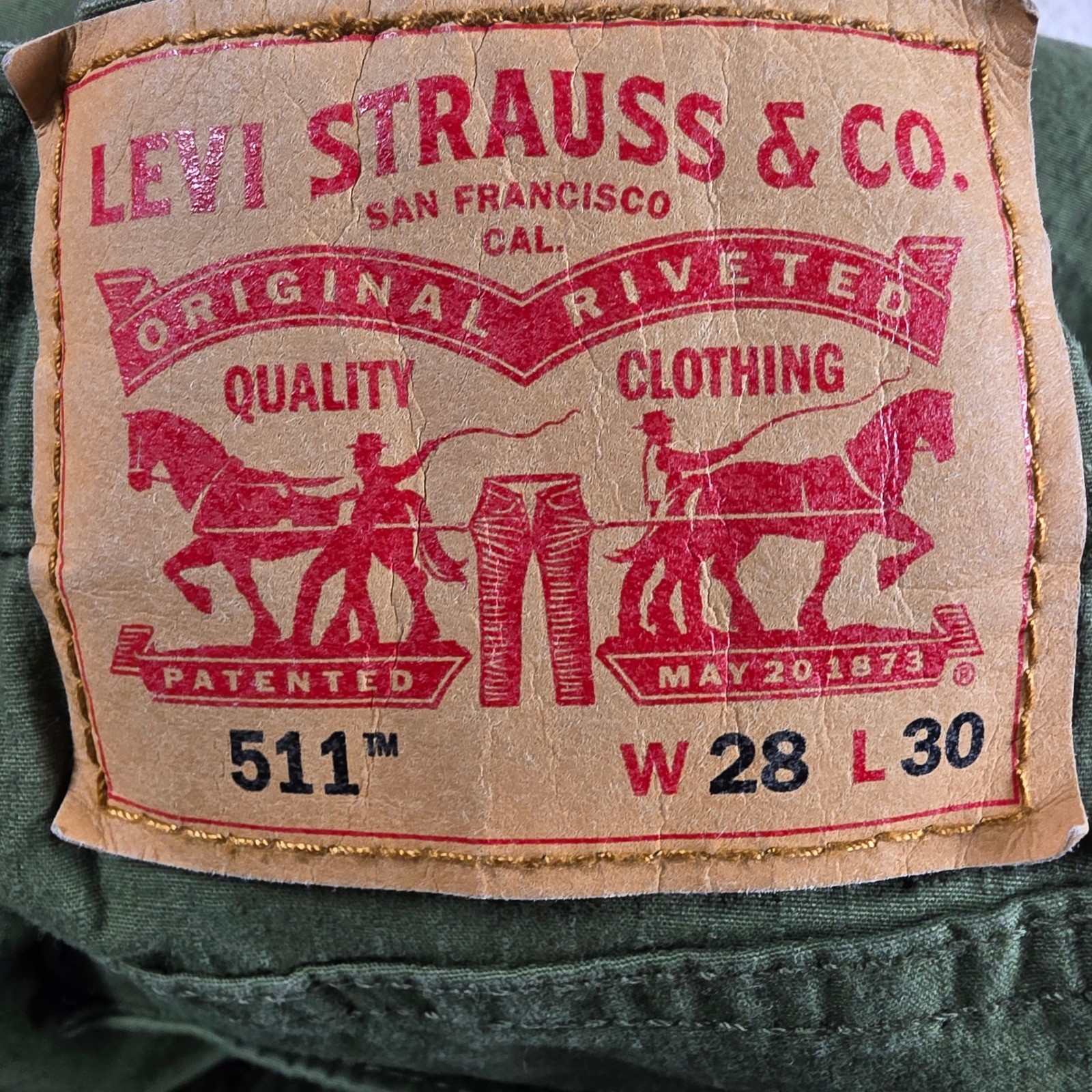 Levi’s 511 Slim Fit Pants Mens 28×30 Olive Green Chino 04511-4900 Water Less